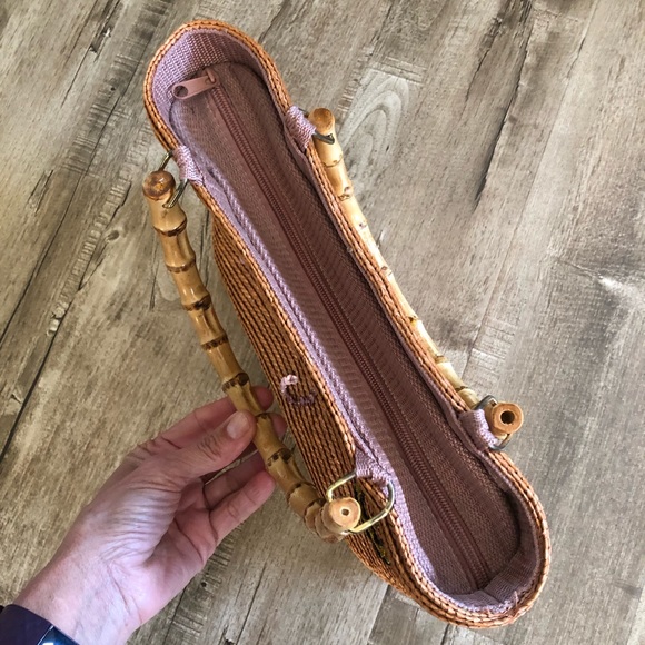 Vintage Look Straw Floral Beaded Sequin Bamboo Handle Purse Bag - Picture 6 of 12